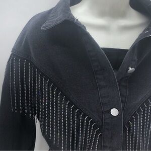 Sweet Generis, Black Denim Jacket Button Up Front, Crystal Tassels